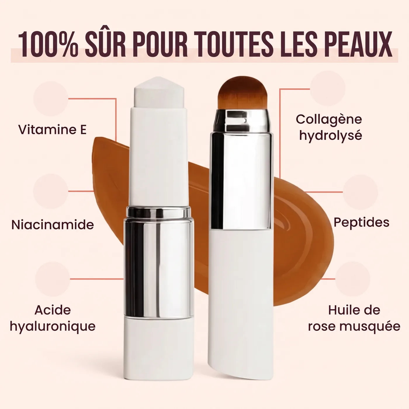 Formule sûre pour toutes les peaux : vitamine E, collagène, niacinamide